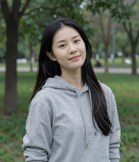 Mia, an everyday Salmadate member in a hoodie standing in a green park