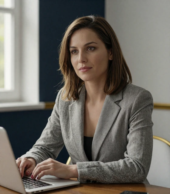 Diane, a verified Salmadate member in a gray blazer at a home desk, illustrating safe and trustworthy online dating