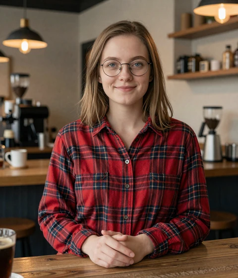 Hannah, a verified Salmadate member with glasses in a flannel shirt at a coffee bar