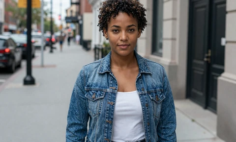 Naomi, an everyday Salmadate member in a denim jacket on a city sidewalk