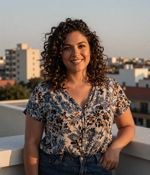 Camila, a real Salmadate member in a blouse on a rooftop terrace at dusk