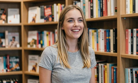 Chloe, a real Salmadate member laughing in a plain tee inside a bookstore