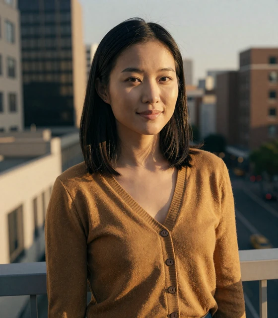 Aria, a Salmadate member in a mustard cardigan on a city balcony at golden hour