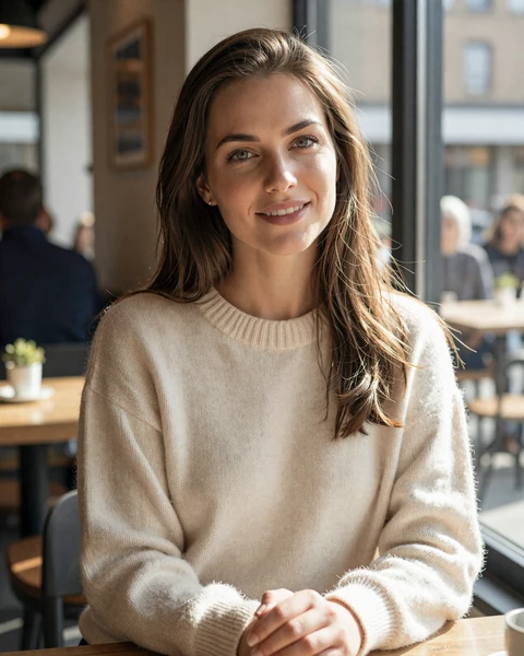 Emma, a Salmadate member in a casual knit sweater smiling by a sunlit cafe window
