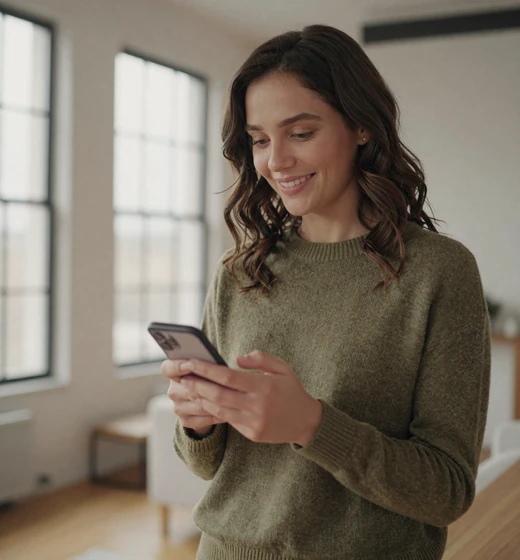 Elena, a Salmadate member in a casual olive sweater scrolling the dating app on her phone in a bright loft