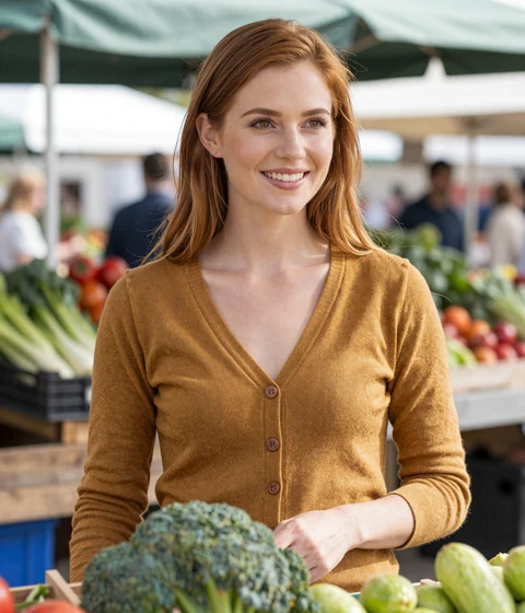Grace, a verified Salmadate member in a cardigan browsing a farmers market